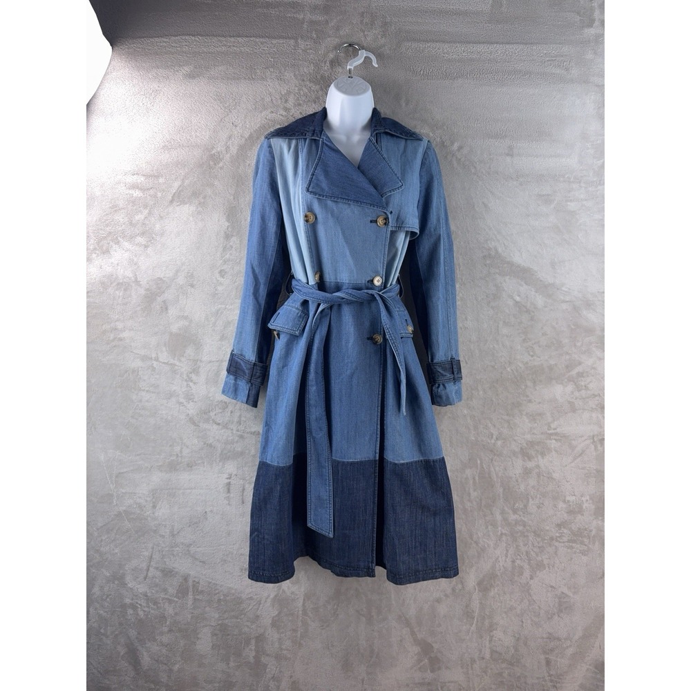 Sosken Studios Trench Coat Womens Size 0 Blue Denim Patchwork Belted Long